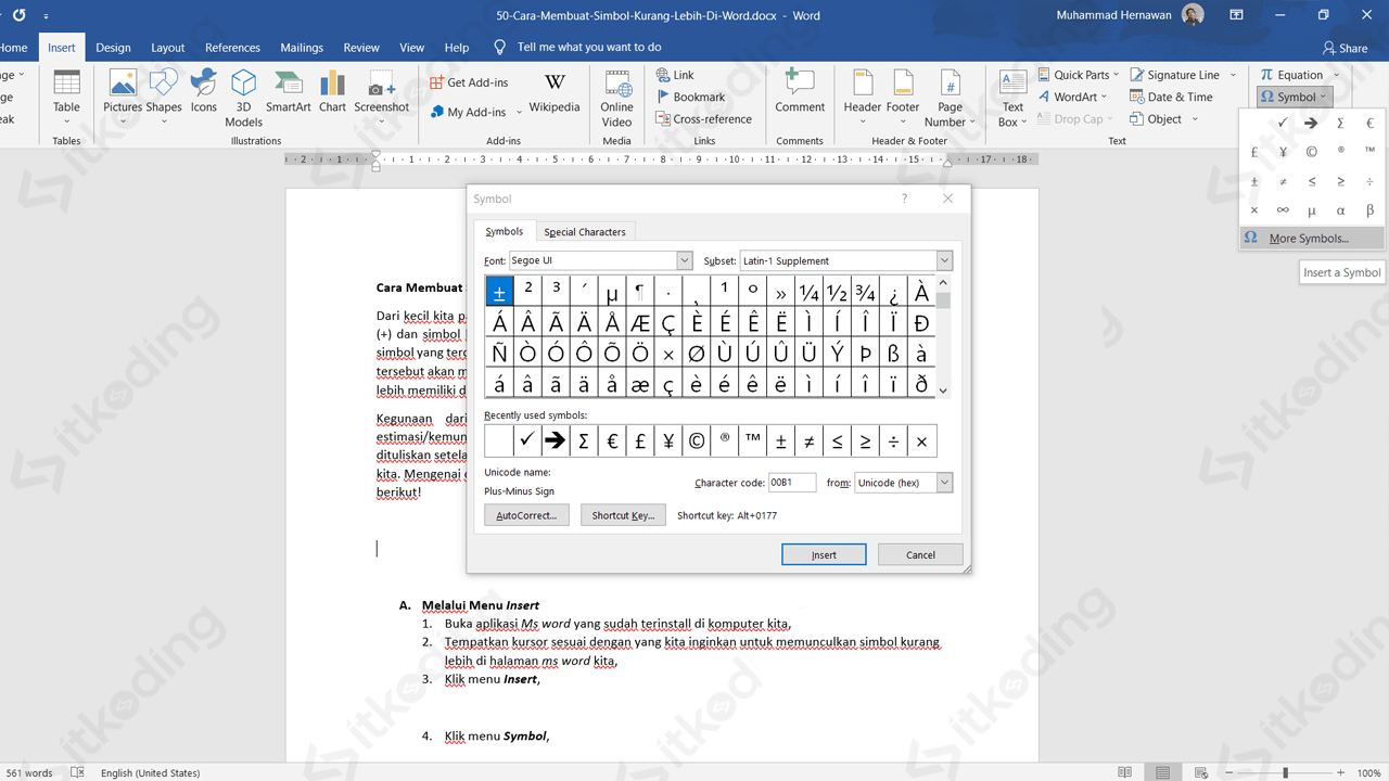 Tanda kurang lebih pada menu symbol di ms word