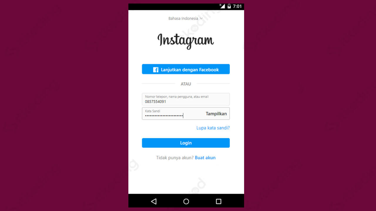 Tampilan menu login di aplikasi instagram