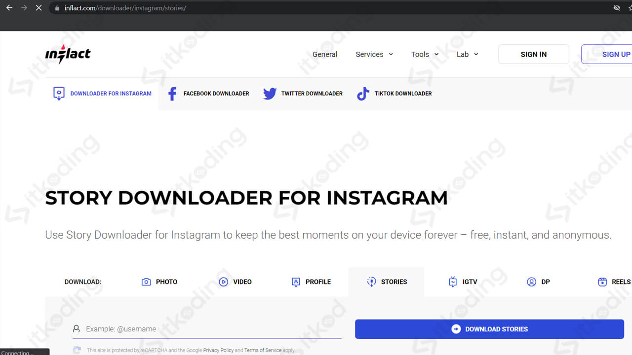 Tampilan halaman inflact untuk download video stories instagram