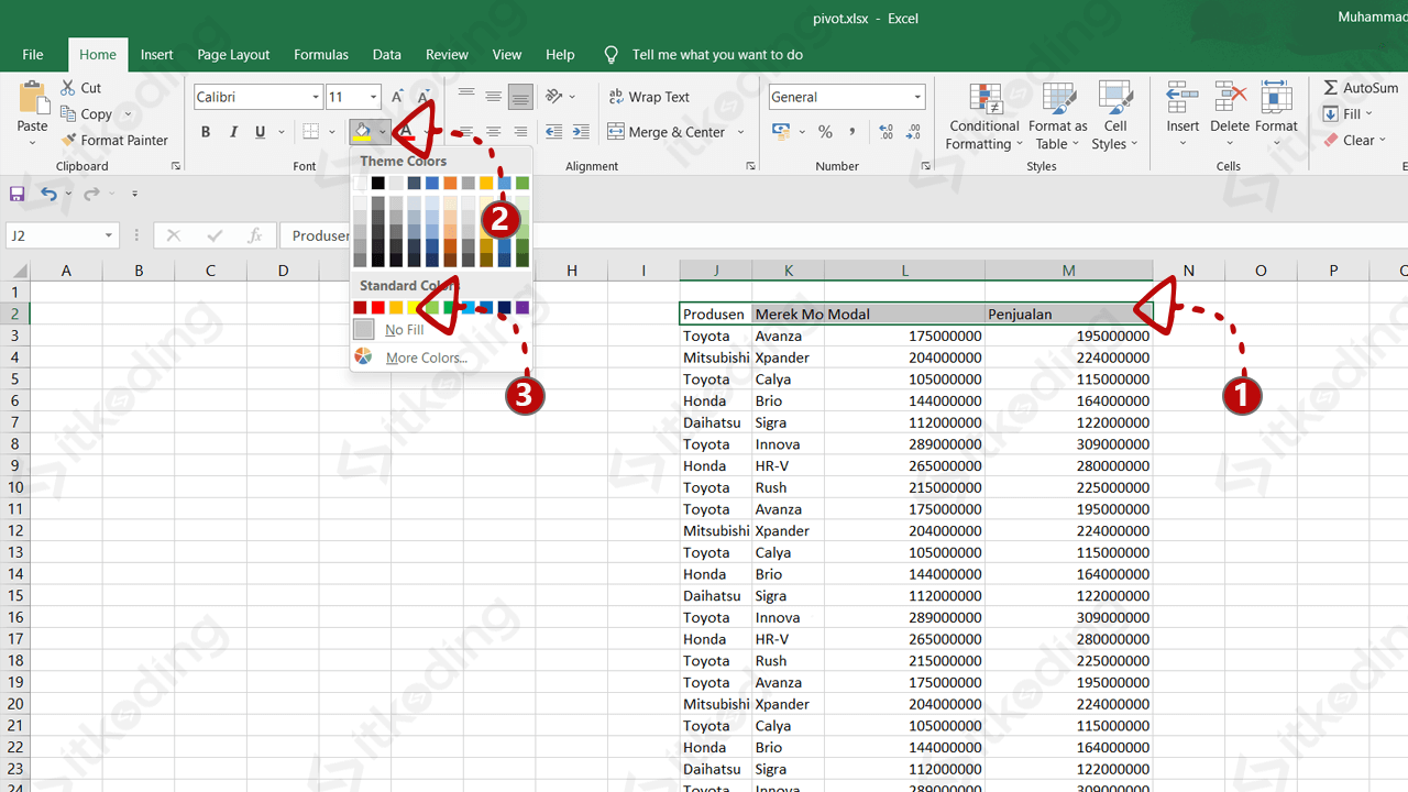 Menu fill color di excel