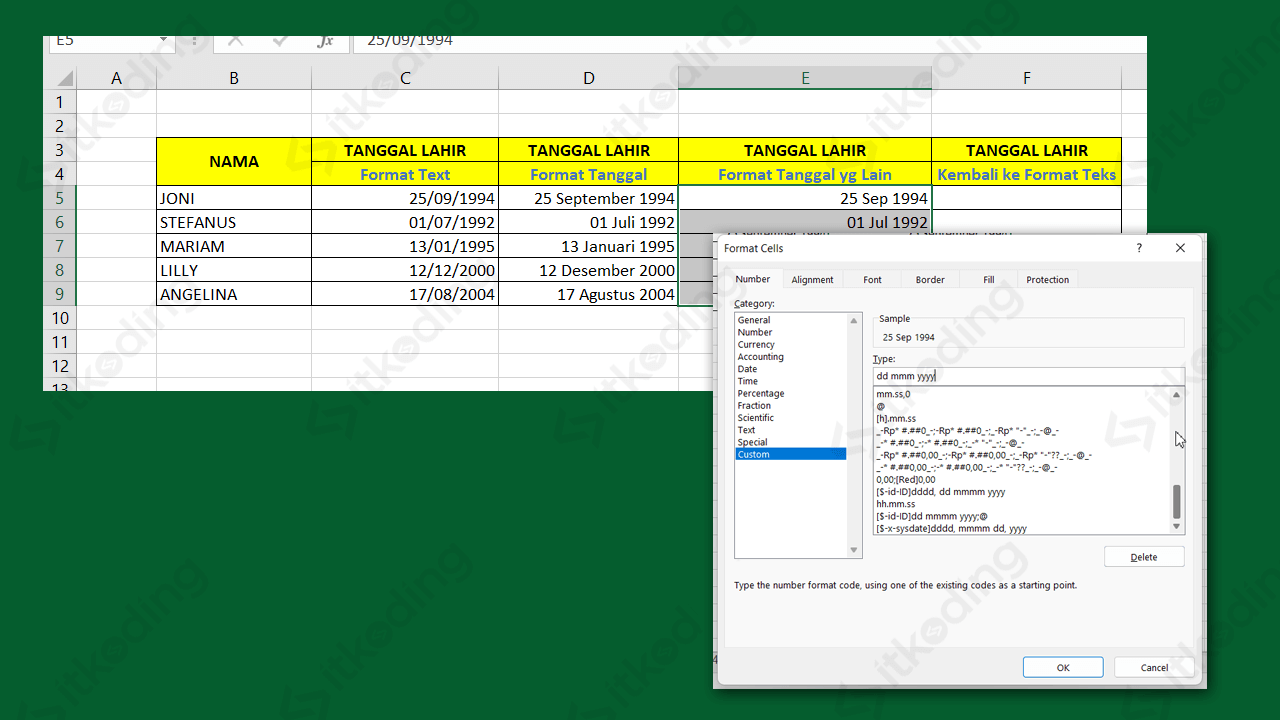 Menu format cells custom di excel