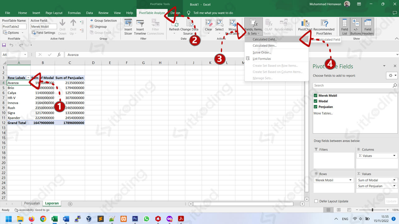 Menu pivottable analyze di excel