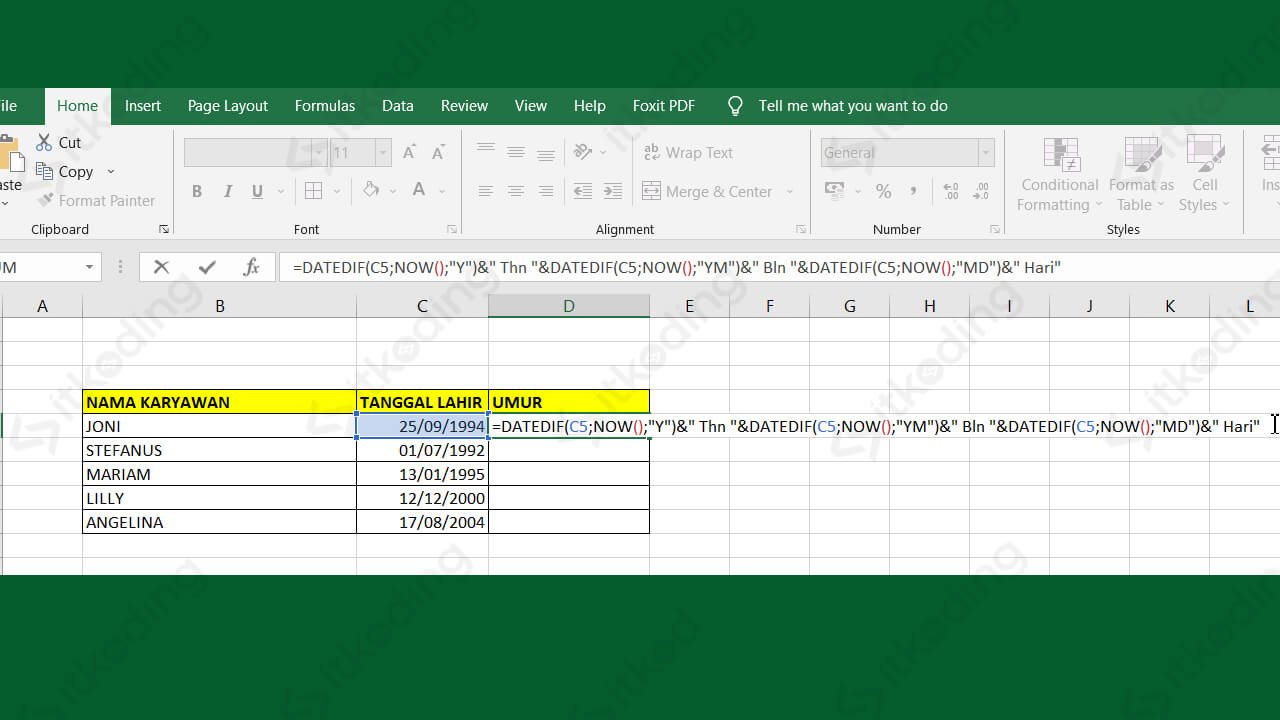 Rumus mencari umur dengan datedif