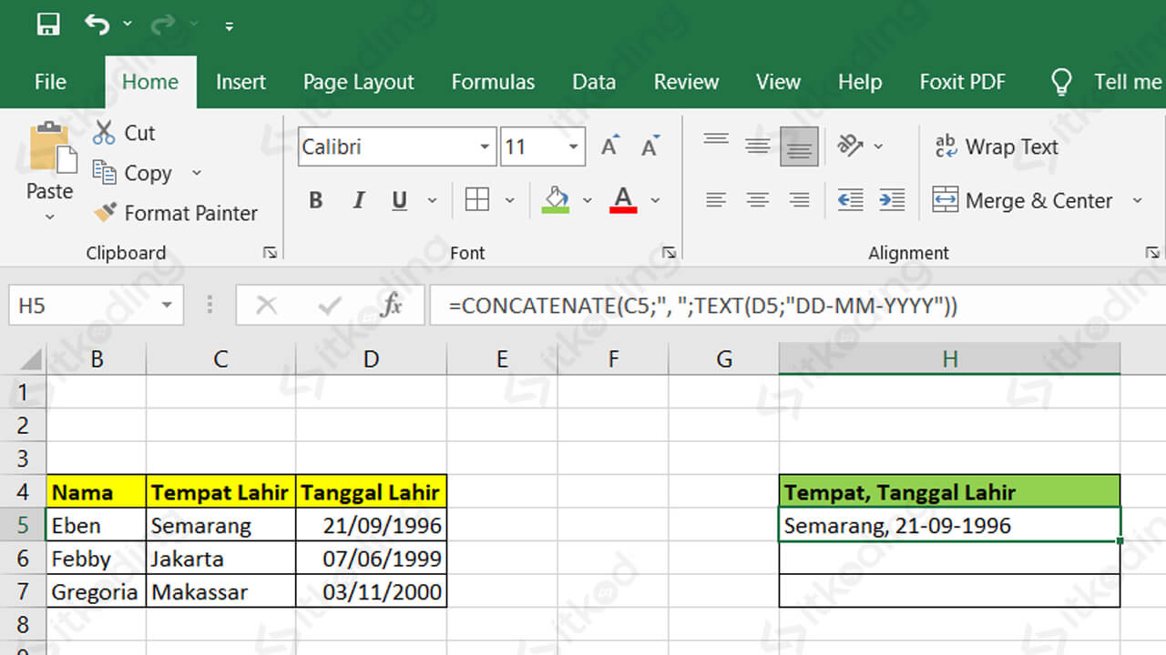 Rumus menggabungkan tempat dan tanggal lahir di excel