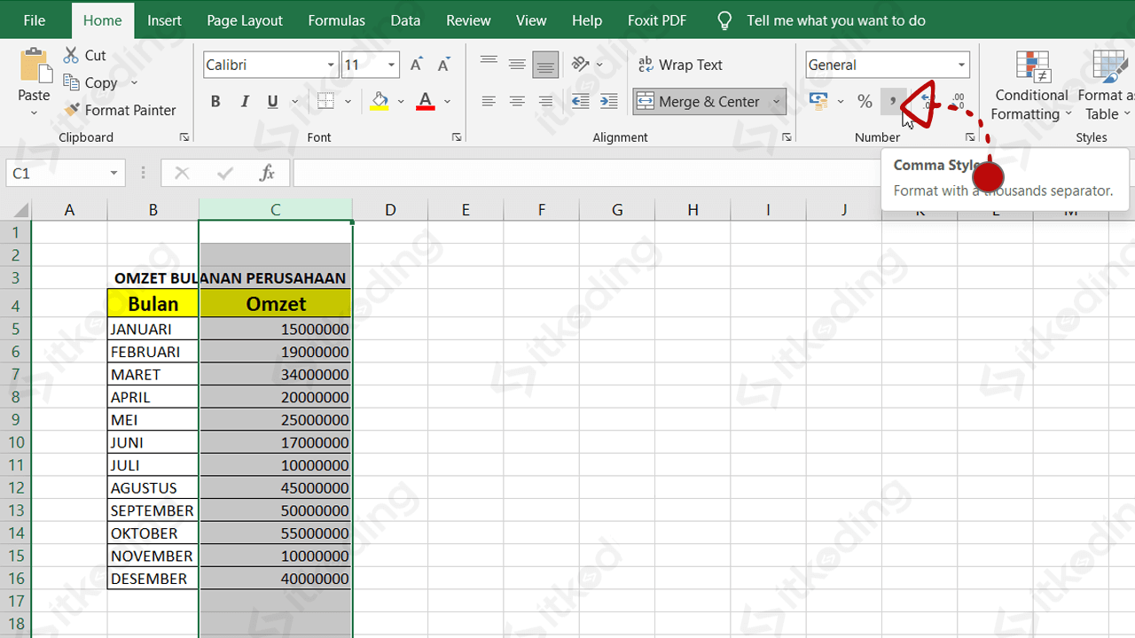 Tombol comma style di excel