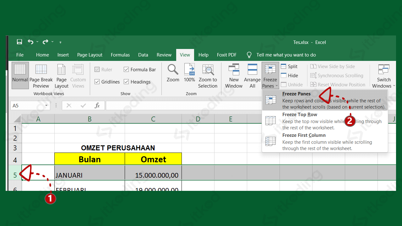 Menu freeze panes di excel