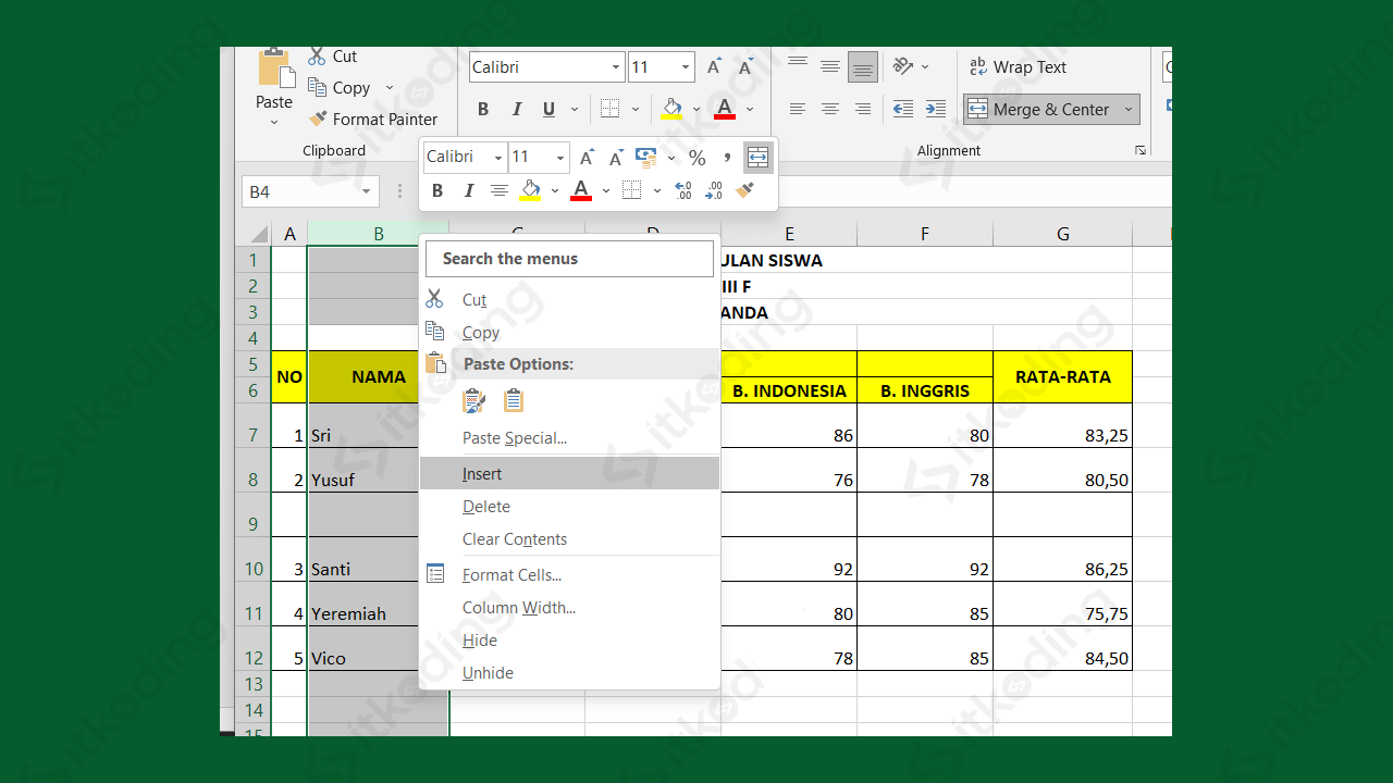 Opsi insert kolom di excel