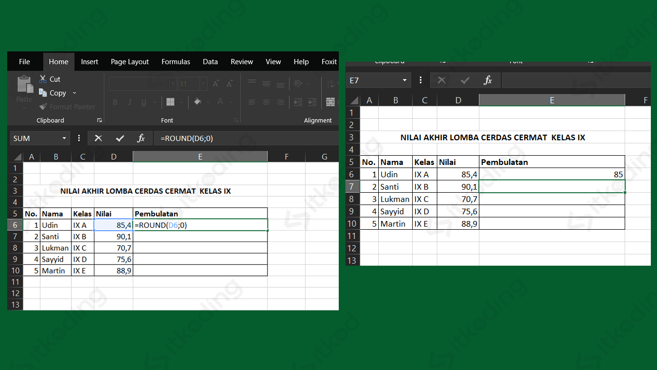 Penggunaan rumus round di excel