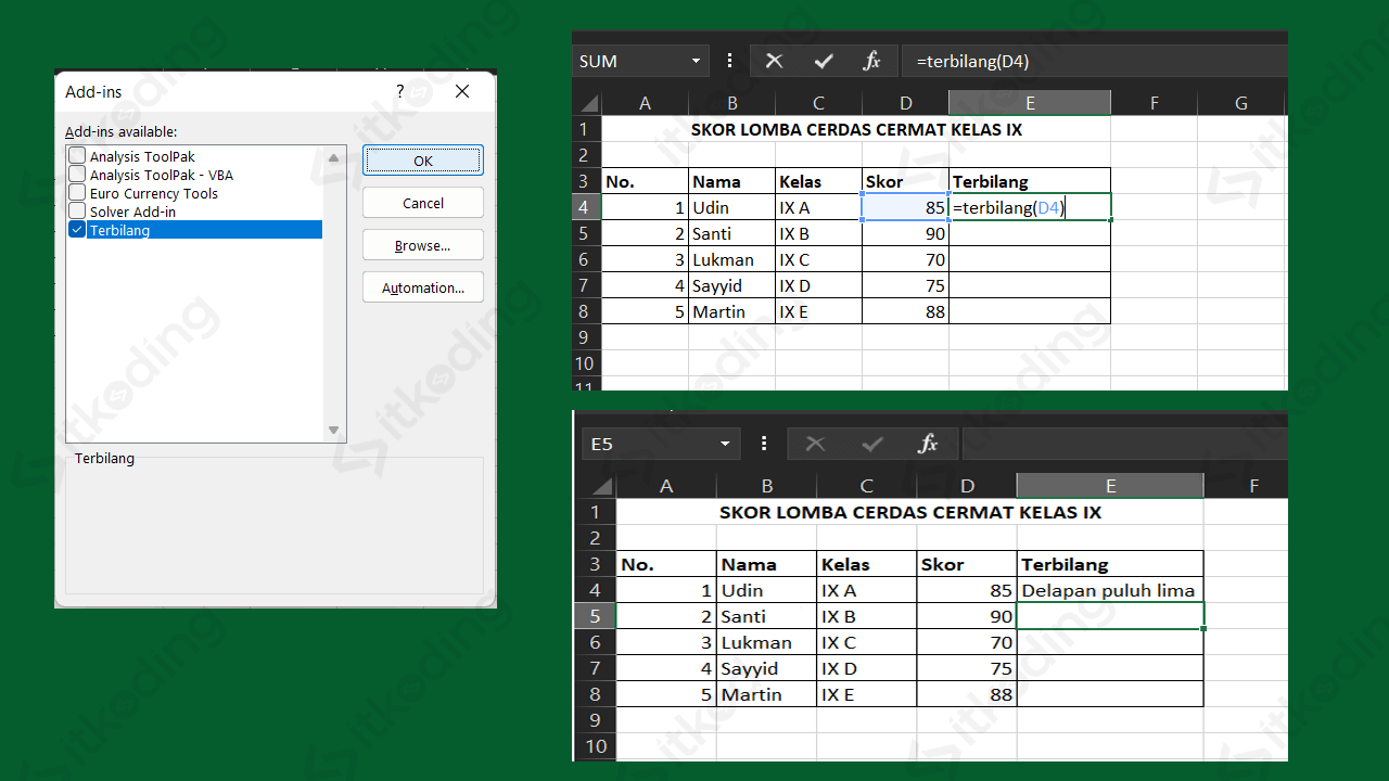 Tampilan add ins terbilang di excel