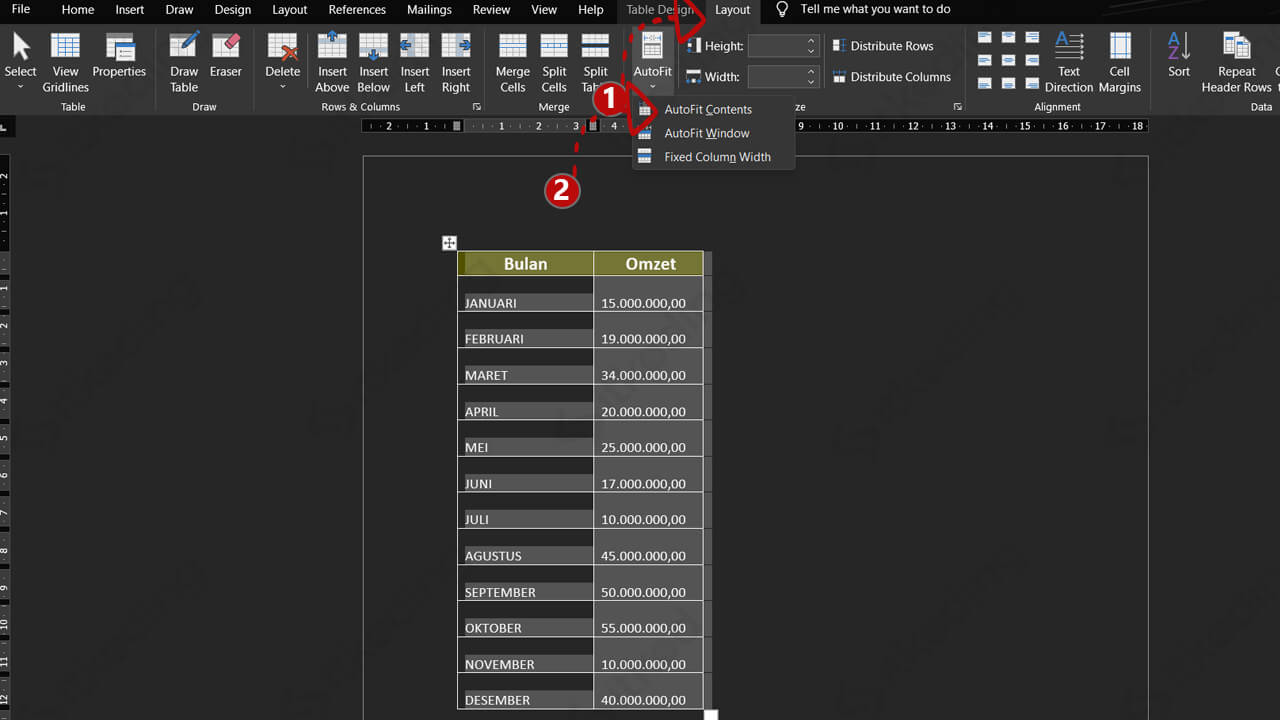 Menu autofit content di microsoft word