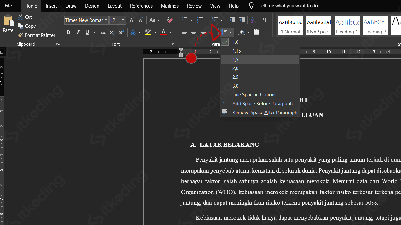 Menu line and paragraph spacing di word