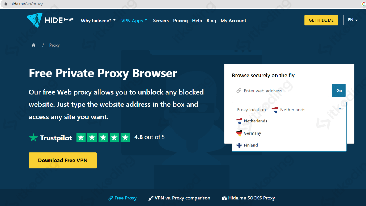 tampilan web proxy hide me
