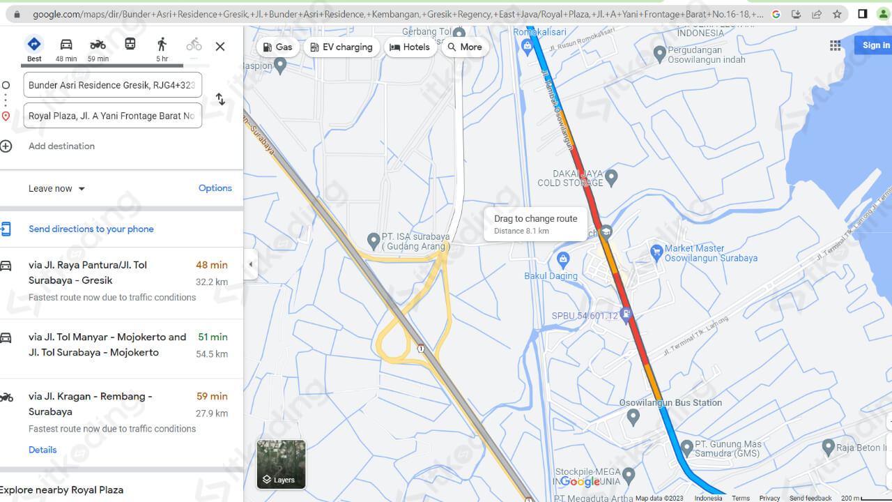 Tampilan jalan macet di google maps