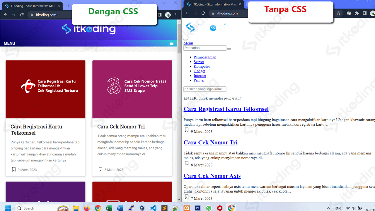 perbedaan tampilan website dengan css dan tanpa css