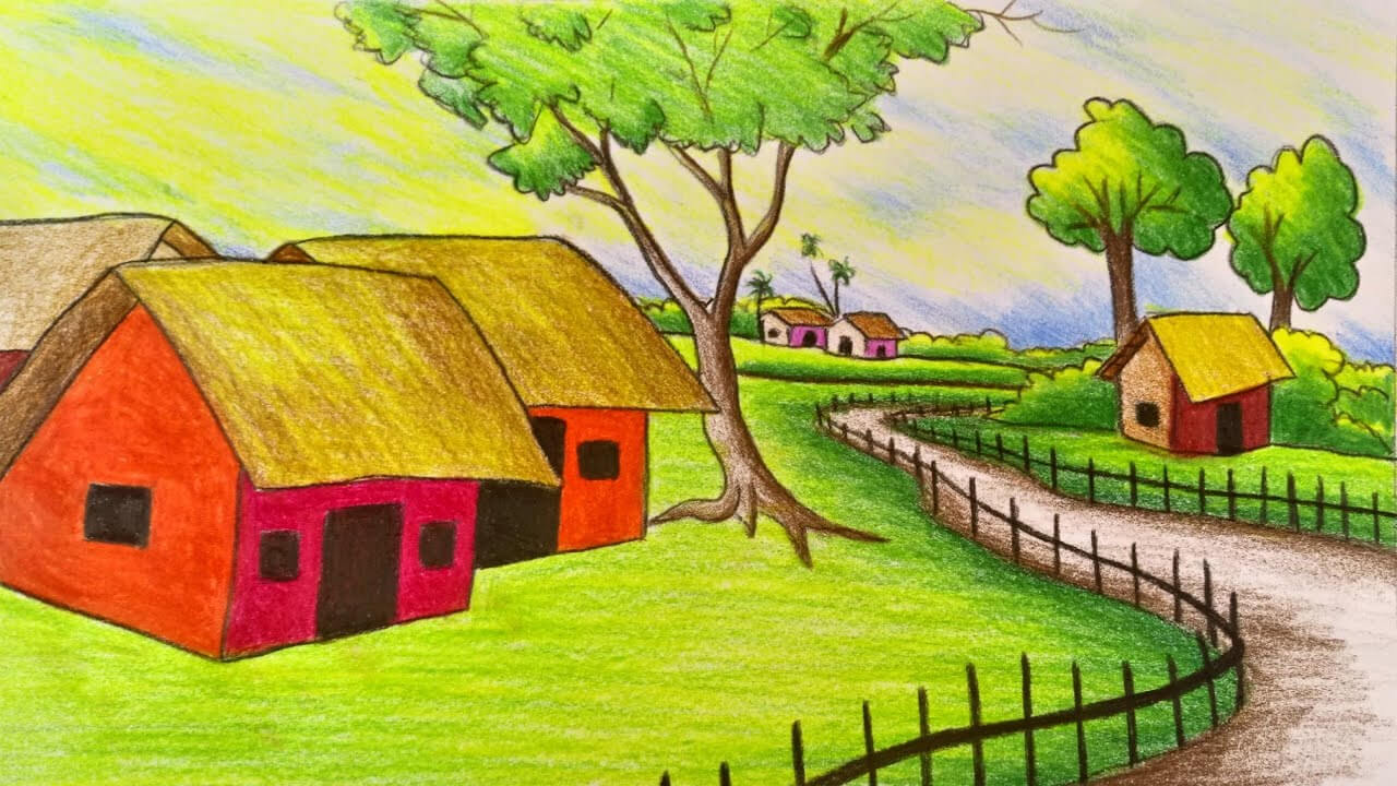 gambar pemandangan alam pedesaan dengan rumah dan pohon