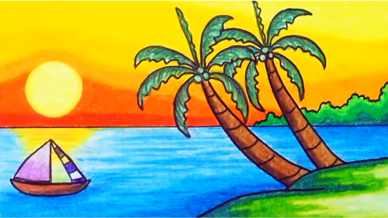 gambar pemandangan pantai dengan kapal dan pohon kelapa