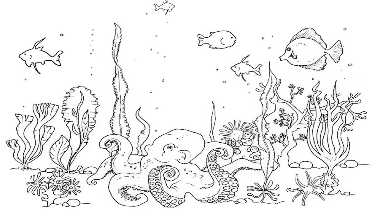 sketsa gambar pemandangan bawah laut dengan terumbu karang dan ikan