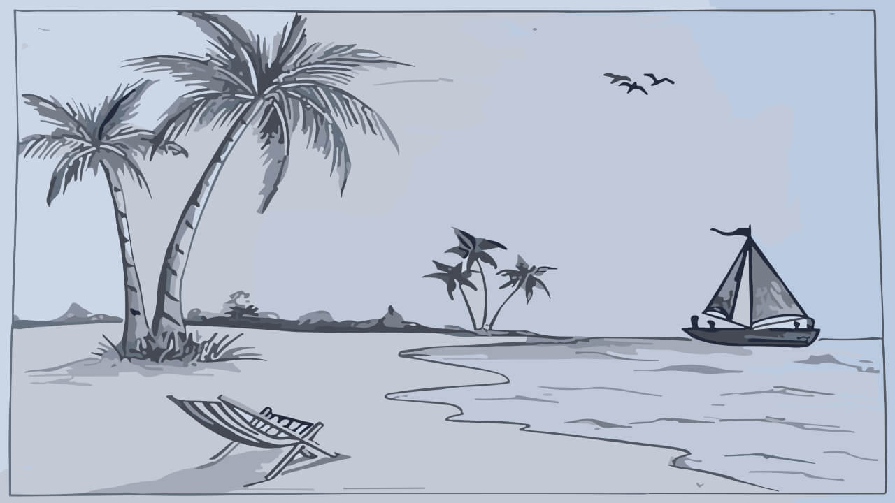 sketsa gambar pemandangan pantai dengan pohon kelapa kapal dan laut