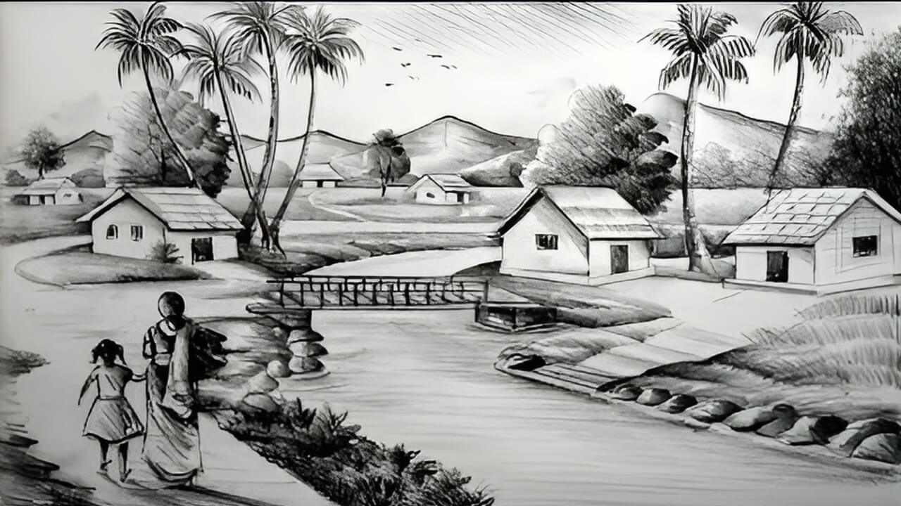 sketsa pemandangan desa dengan rumah sederhana sungai pohon