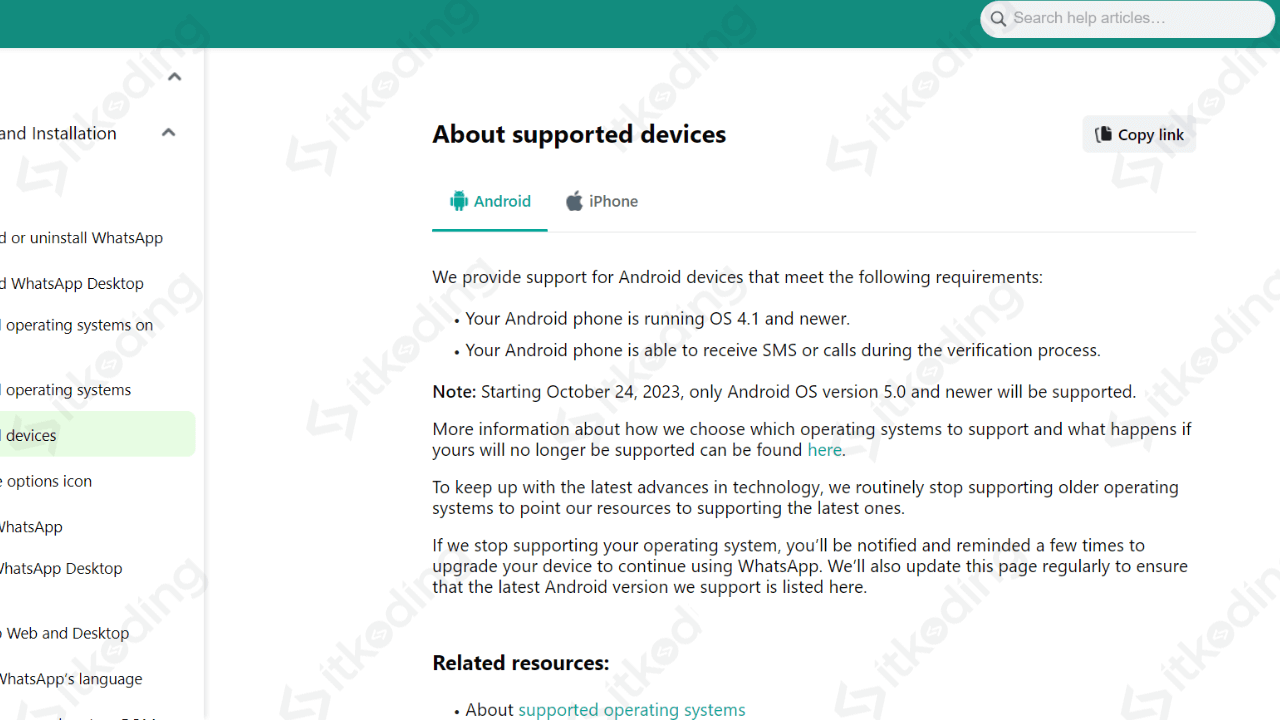 halaman resmi wa tentang support versi android