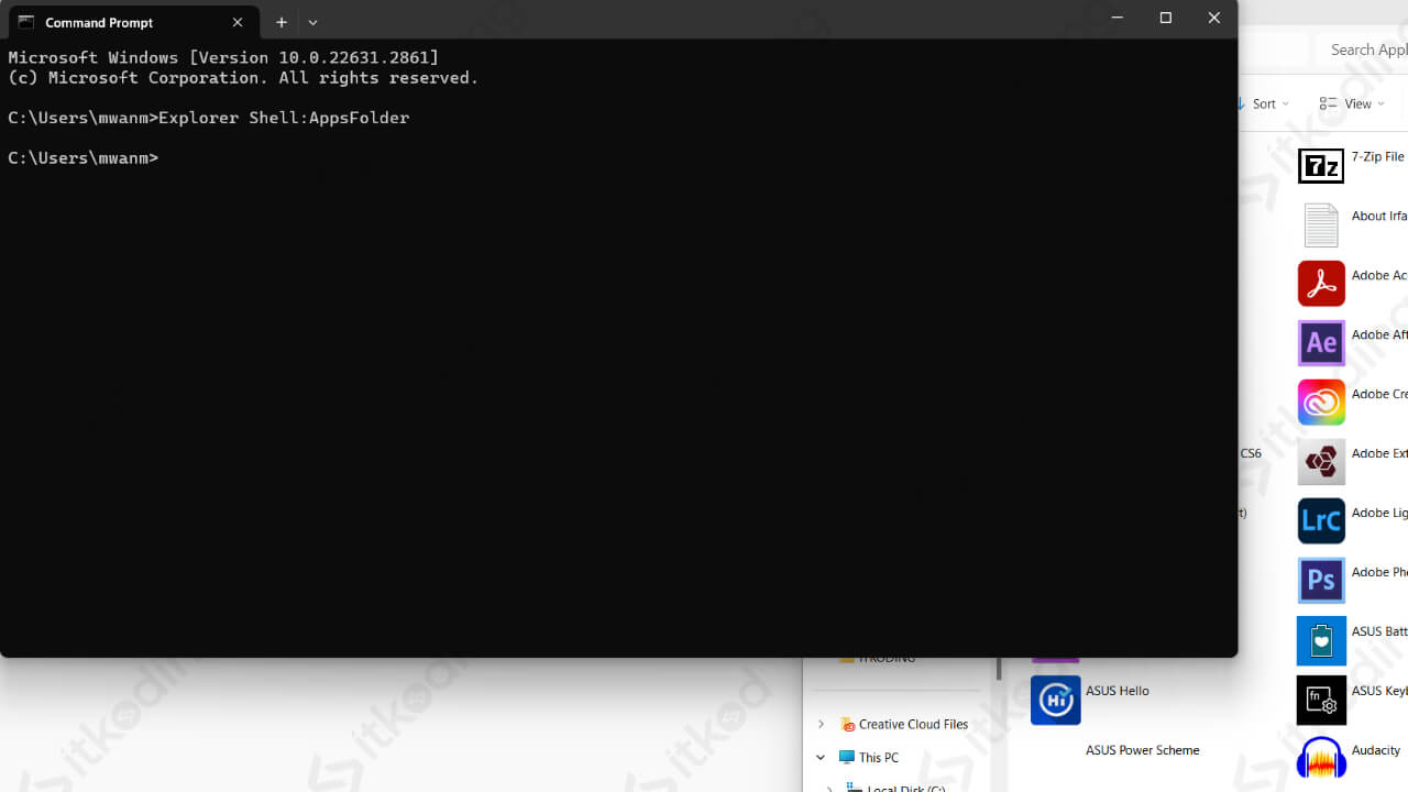tampilan cmd untuk membuka folder aplikasi windows 11